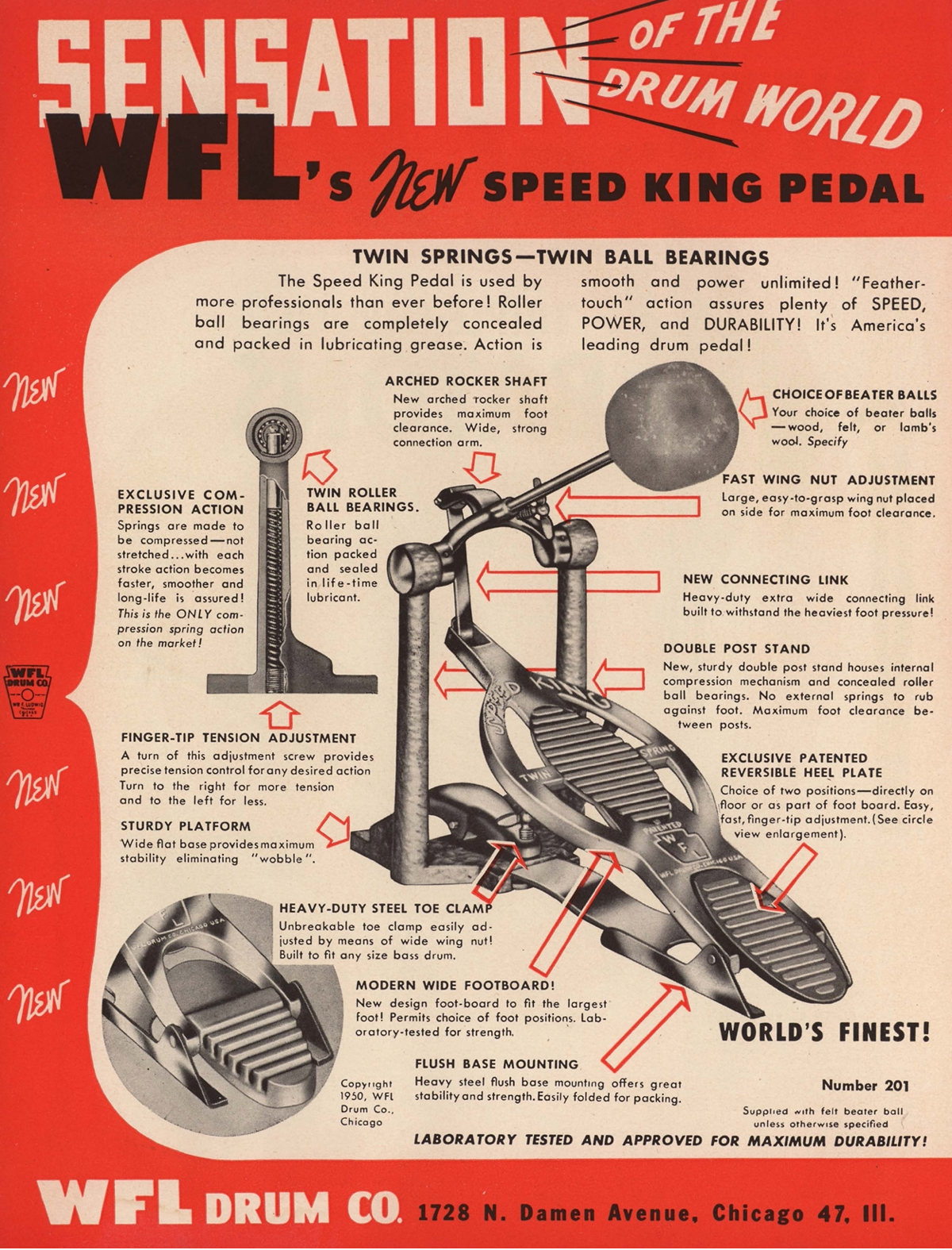 1950s-1960s WFL Ludwig No. 201 Speed King Twin Spring Bass Drum Pedal