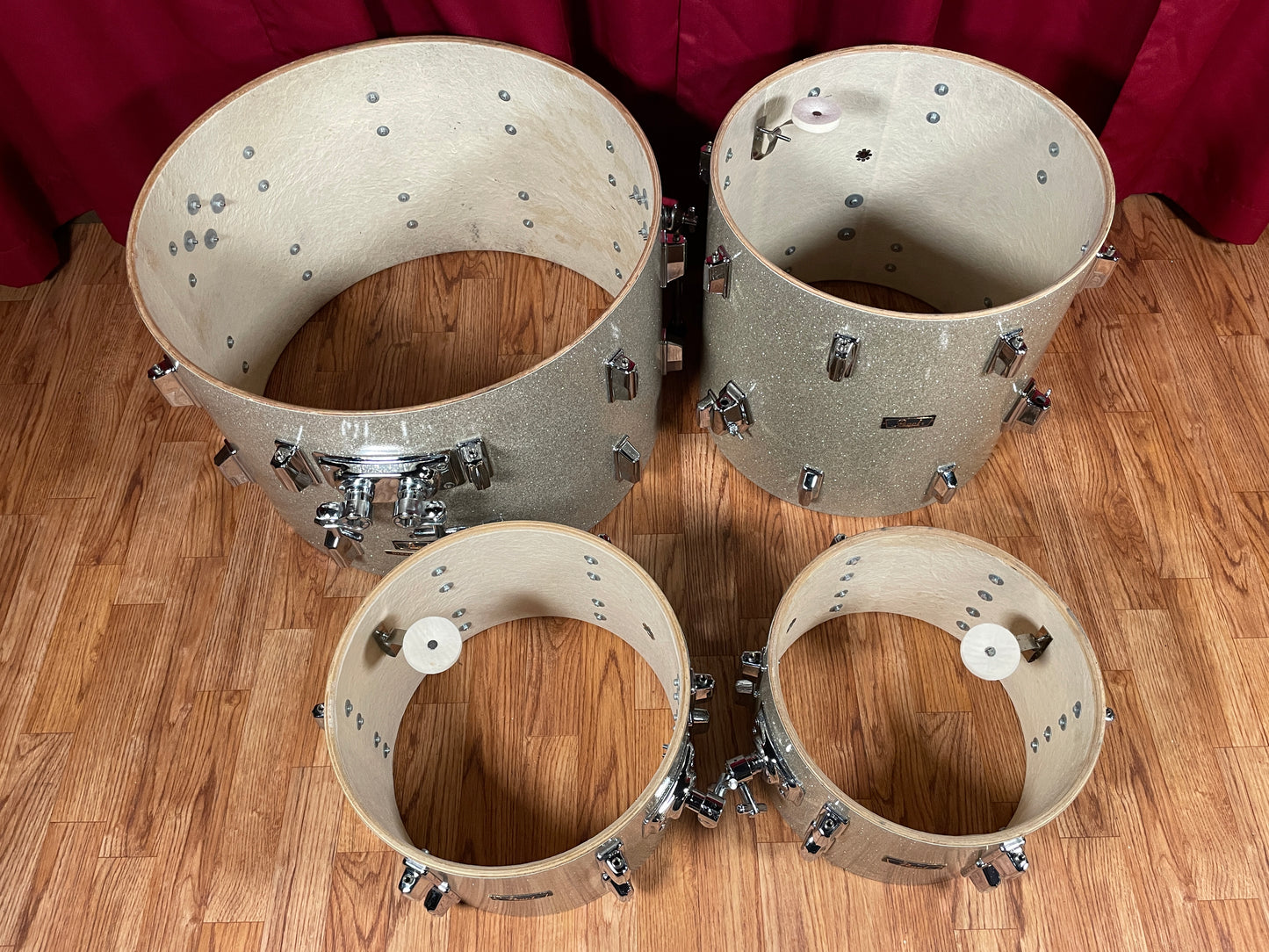 1970s Pearl Wood Fiberglass Drum Set 22/12/13/16 Silver Sparkle *Video Demo*