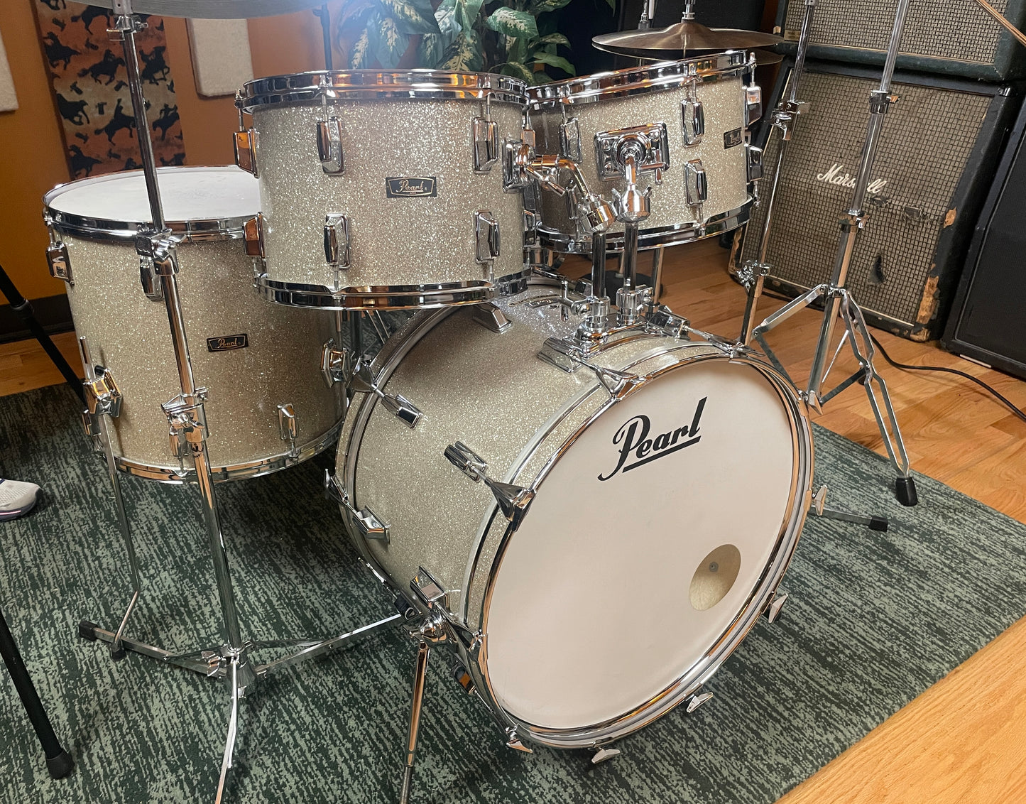 1970s Pearl Wood Fiberglass Drum Set 22/12/13/16 Silver Sparkle *Video Demo*