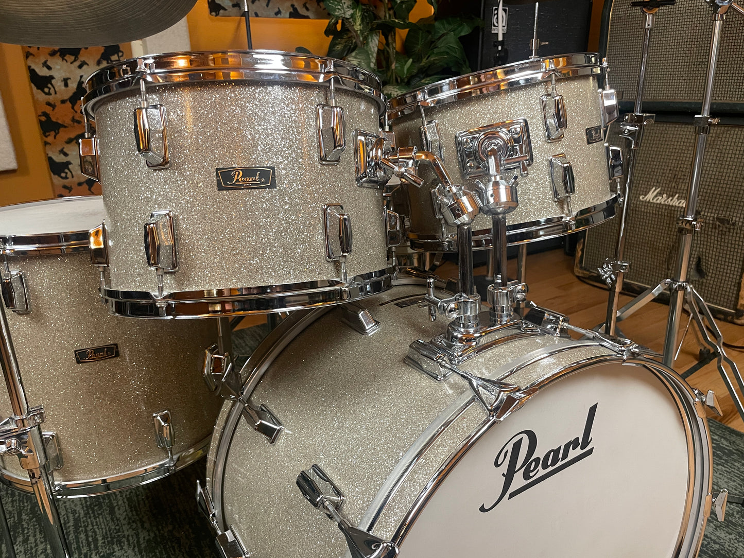 1970s Pearl Wood Fiberglass Drum Set 22/12/13/16 Silver Sparkle *Video Demo*