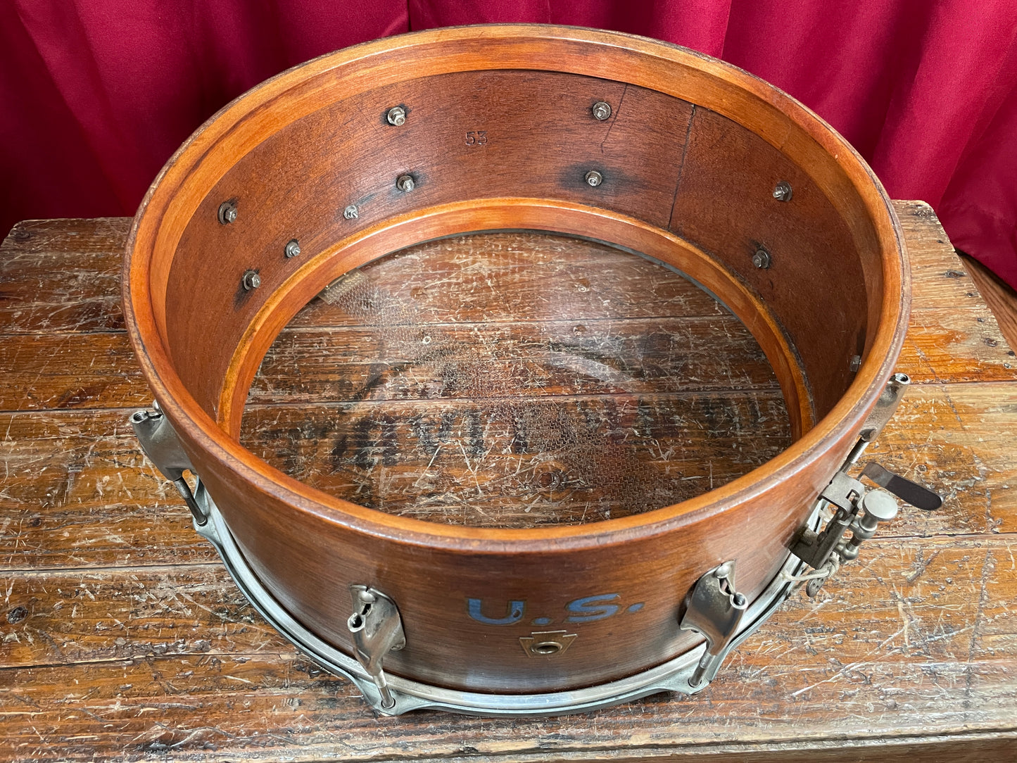 1940s WFL 6.5x15 U.S. Military Snare Drum Solid 1 ply Walnut