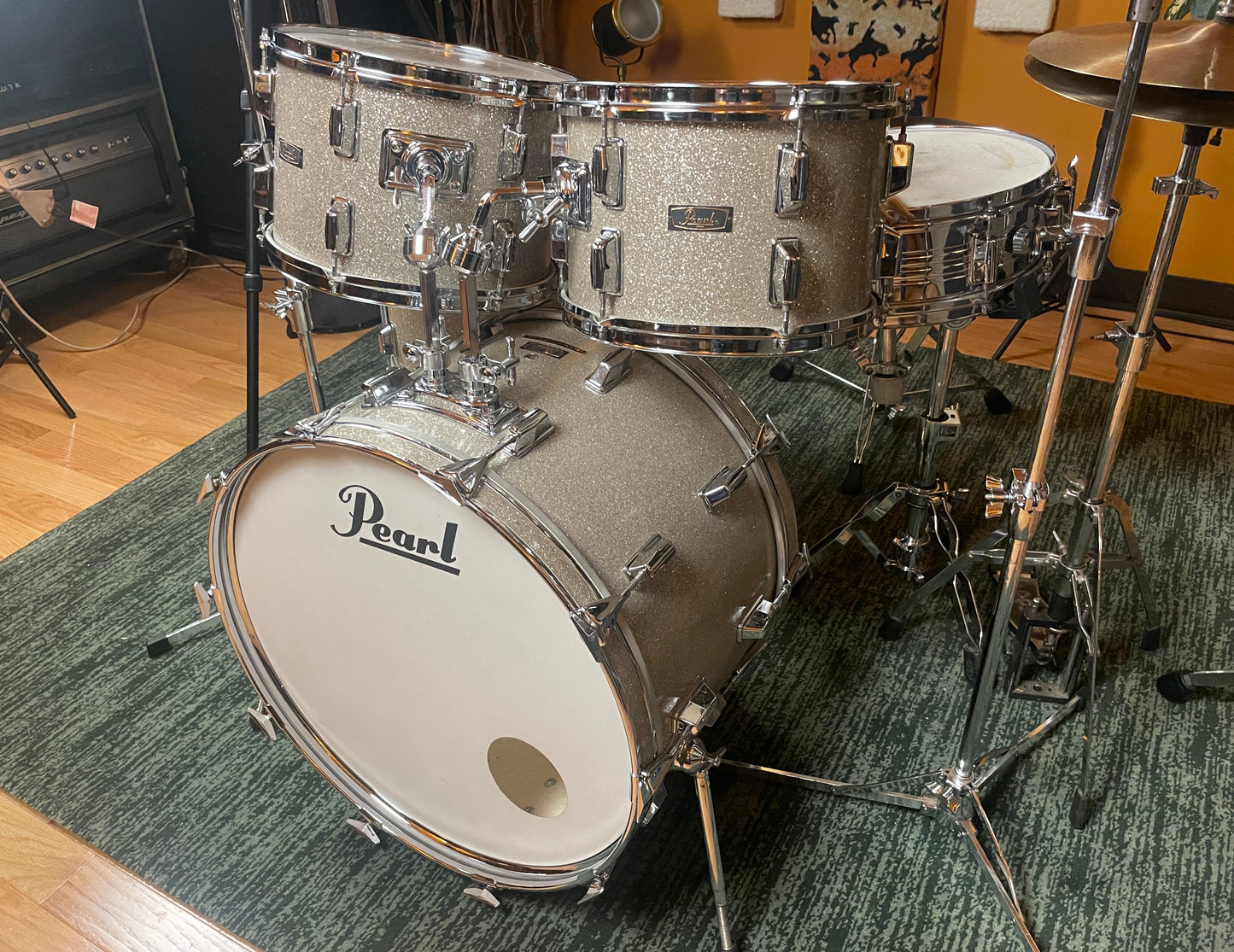 1970s Pearl Wood Fiberglass Drum Set 22/12/13/16 Silver Sparkle *Video Demo*