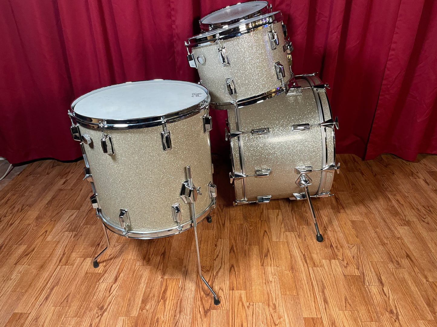 1970s Pearl Wood Fiberglass Drum Set 22/12/13/16 Silver Sparkle *Video Demo*