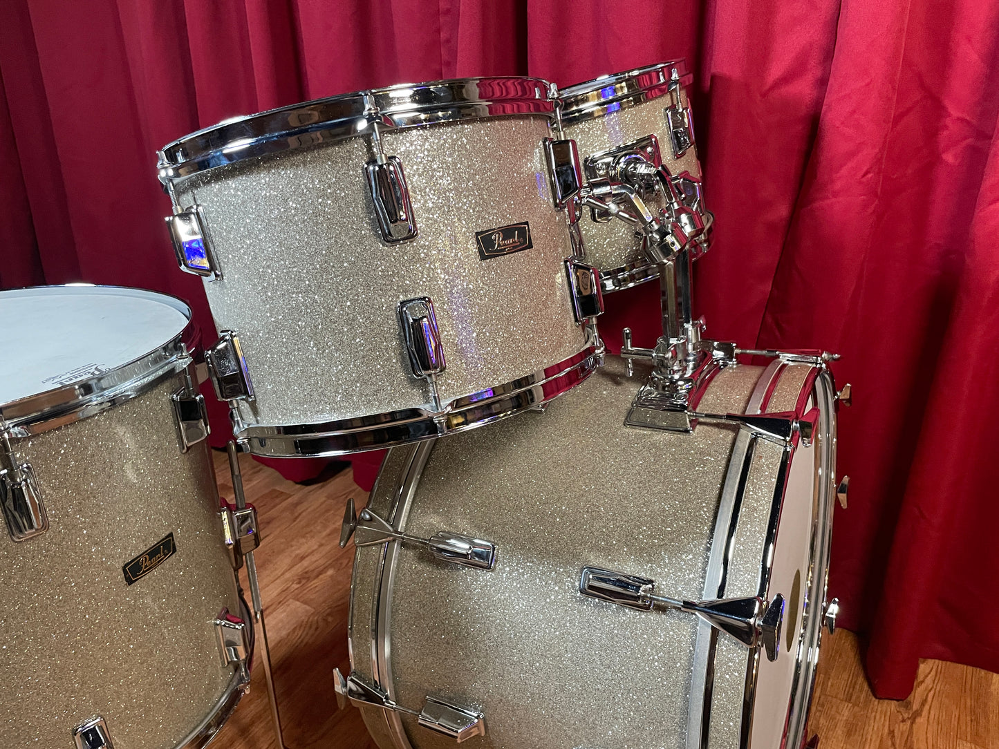 1970s Pearl Wood Fiberglass Drum Set 22/12/13/16 Silver Sparkle *Video Demo*