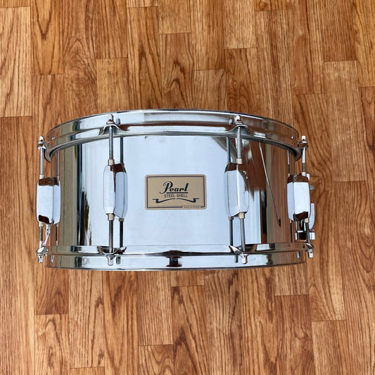 1990s Pearl Steel 6.5x14 Snare Drum 8-Lug Chrome Over Steel