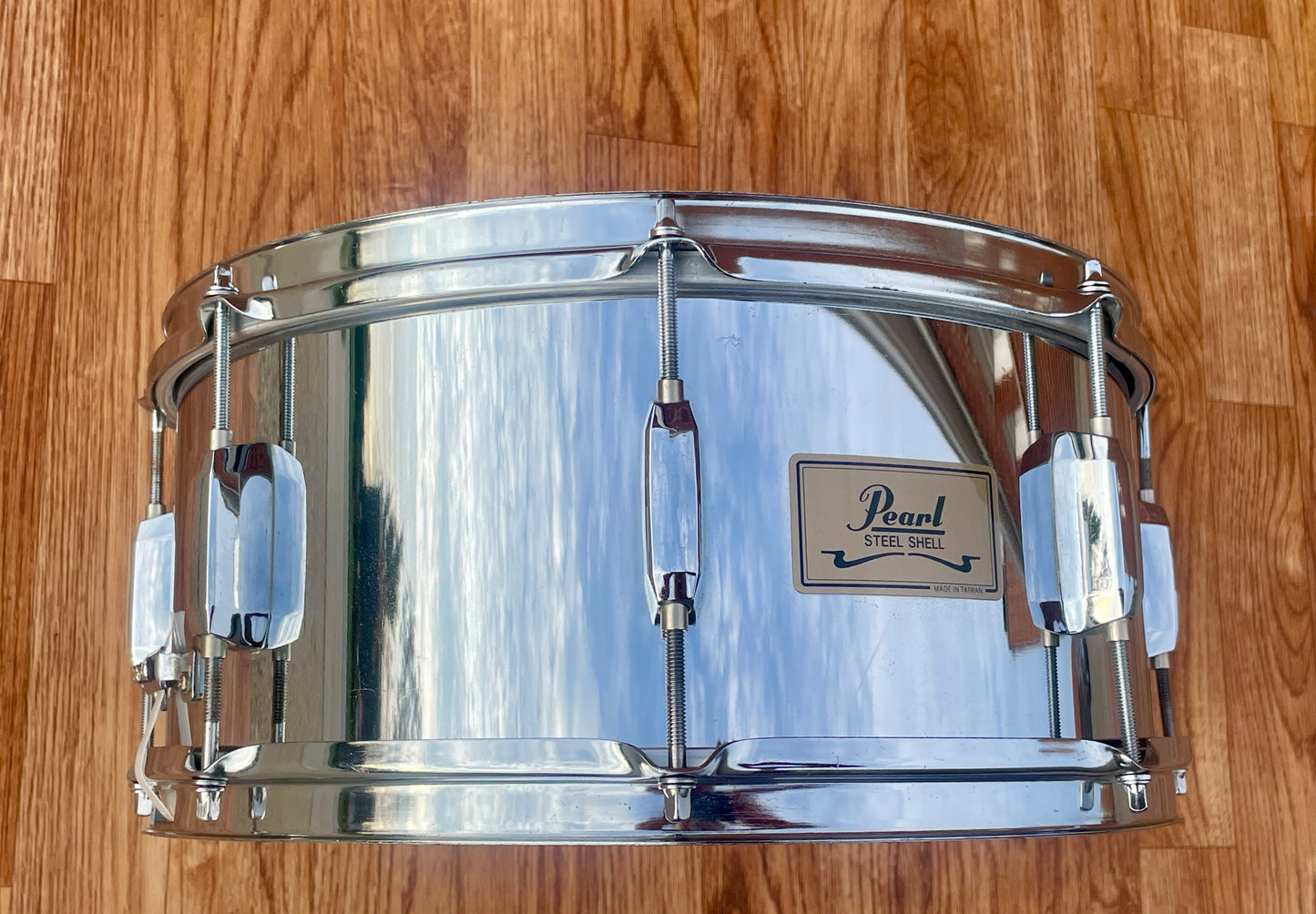 1990s Pearl Steel 6.5x14 Snare Drum 8-Lug Chrome Over Steel