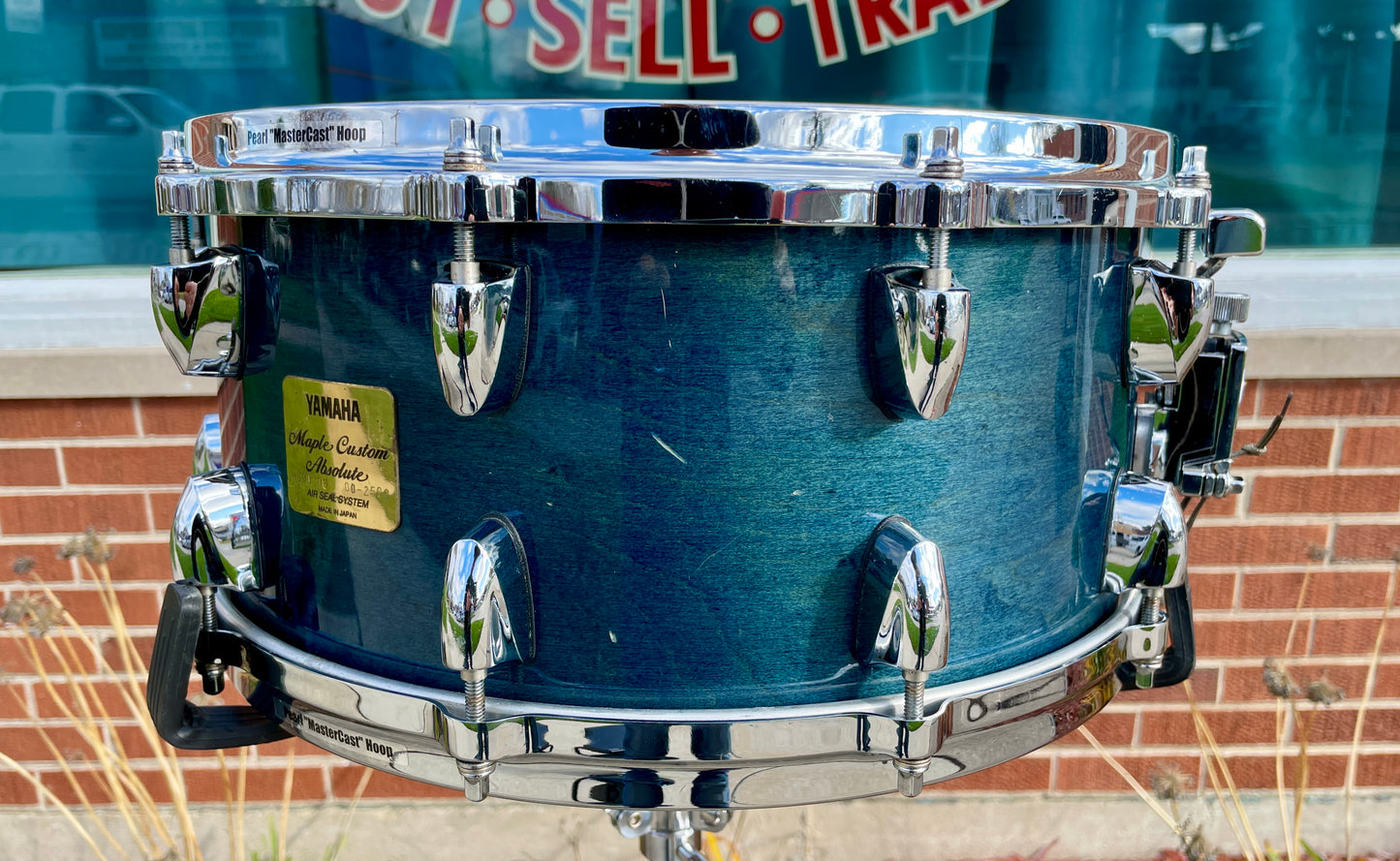 1990s Yamaha 6.5x14 Maple Custom Absolute Snare Drum Sea Blue MIJ