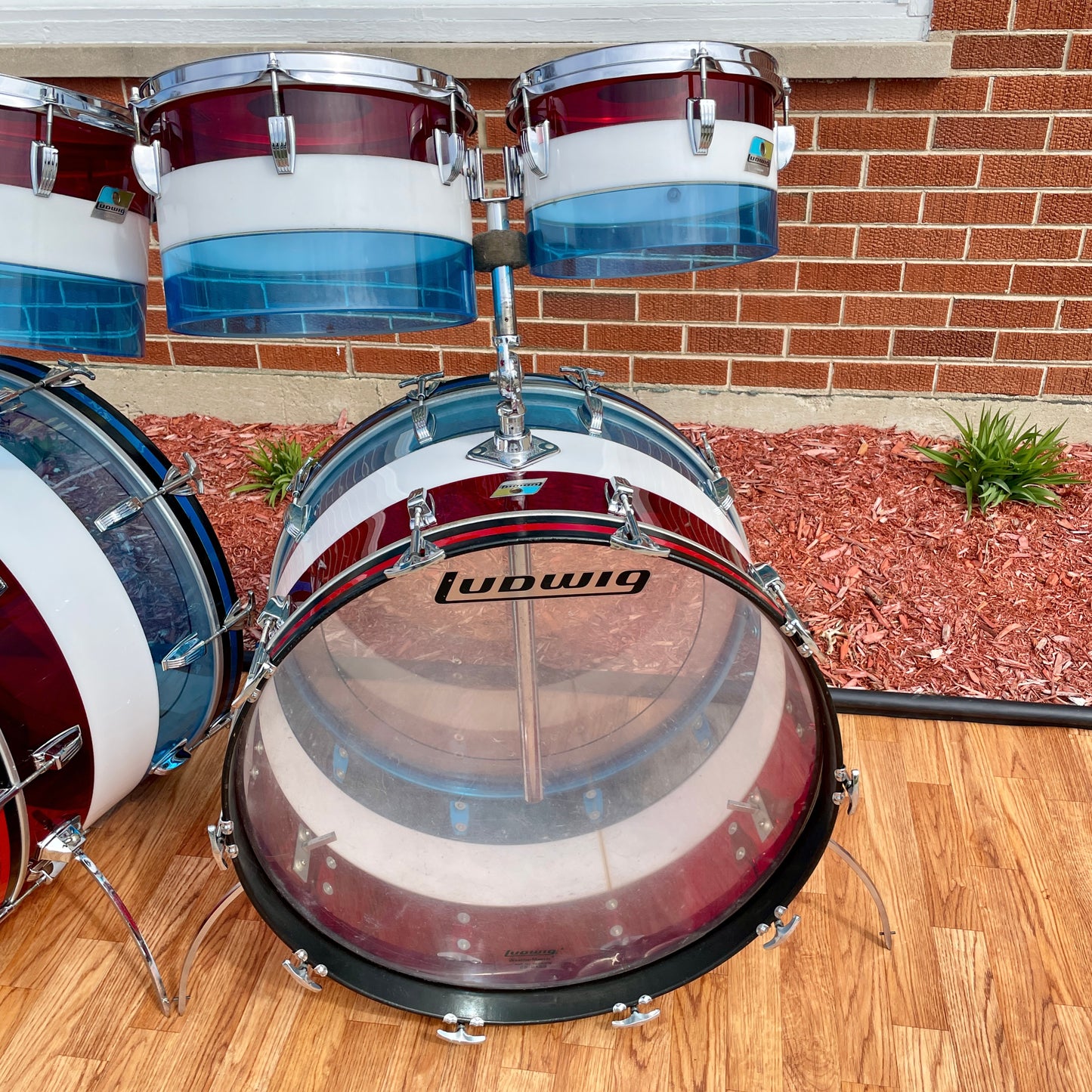 1970s Ludwig Bicentennial Vistalite Dual Bass Drum Set w/ Concert Toms Red/White/Blue