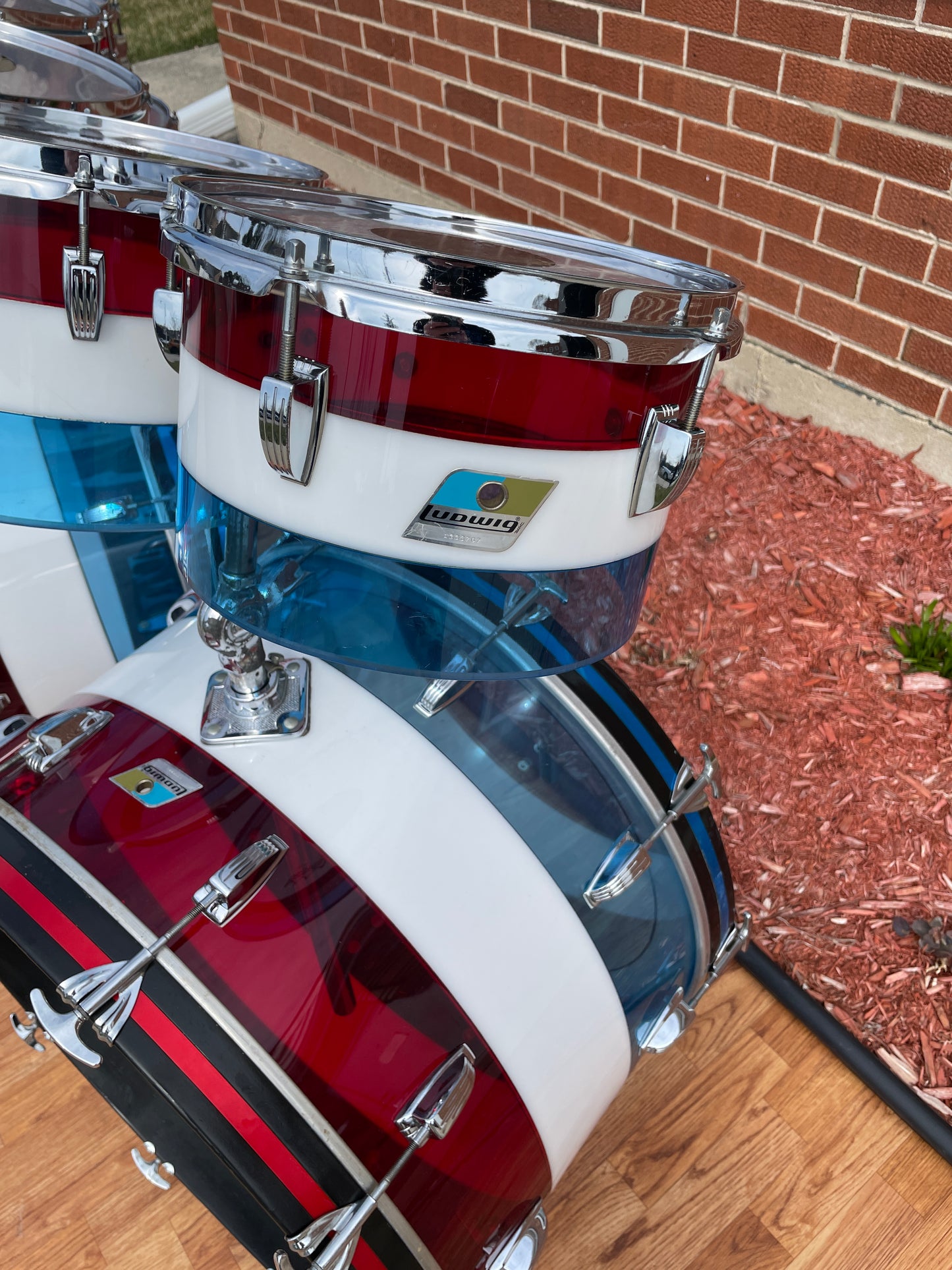 1970s Ludwig Bicentennial Vistalite Dual Bass Drum Set w/ Concert Toms Red/White/Blue