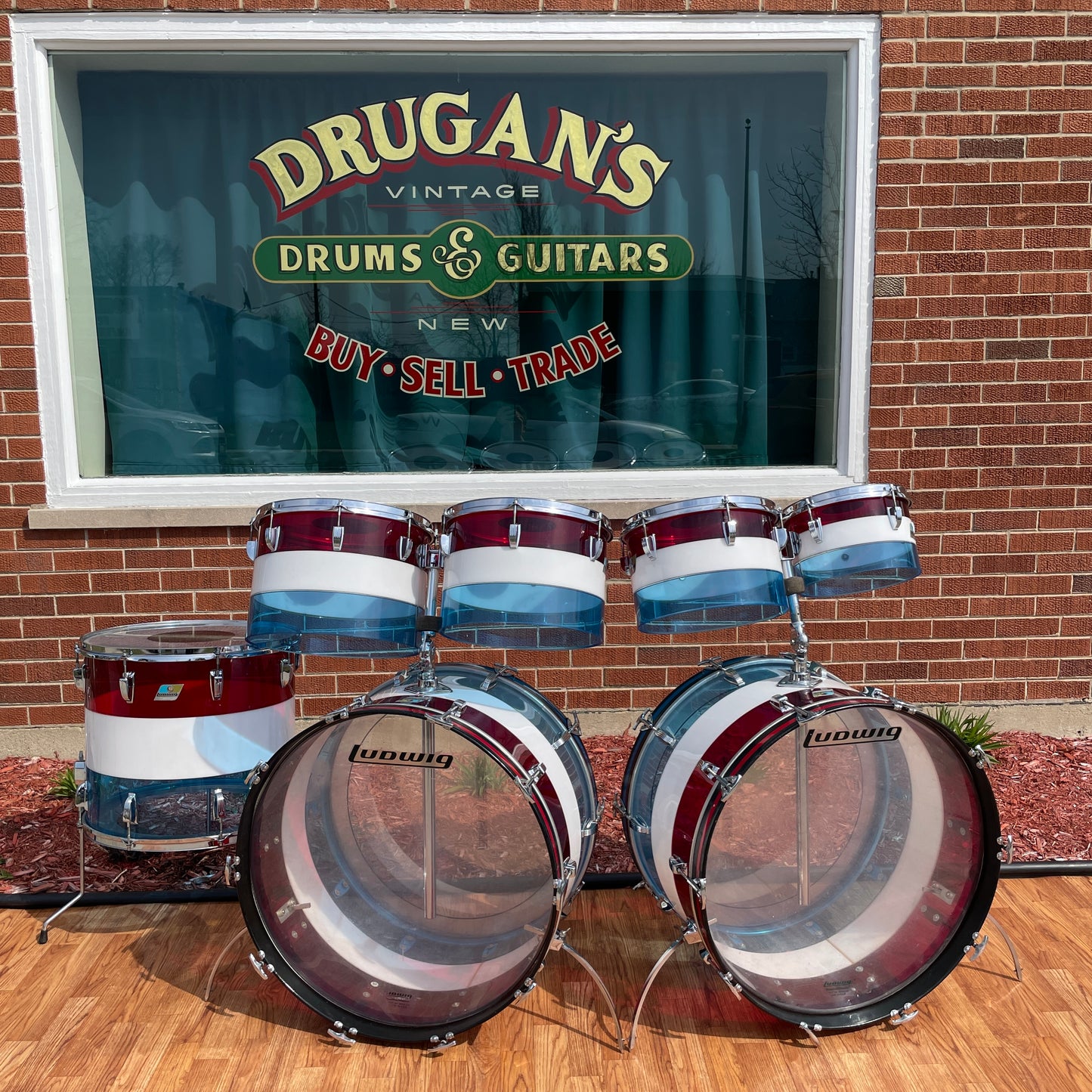 1970s Ludwig Bicentennial Vistalite Dual Bass Drum Set w/ Concert Toms Red/White/Blue