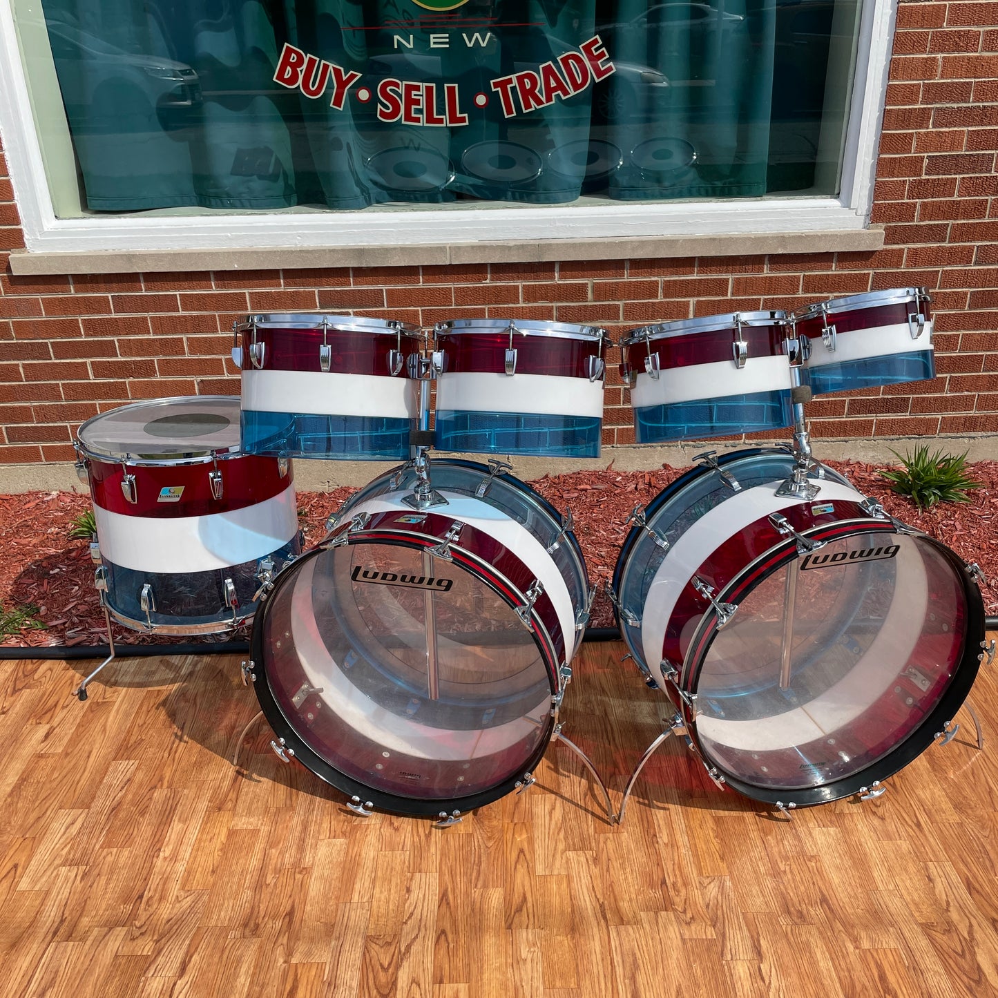 1970s Ludwig Bicentennial Vistalite Dual Bass Drum Set w/ Concert Toms Red/White/Blue