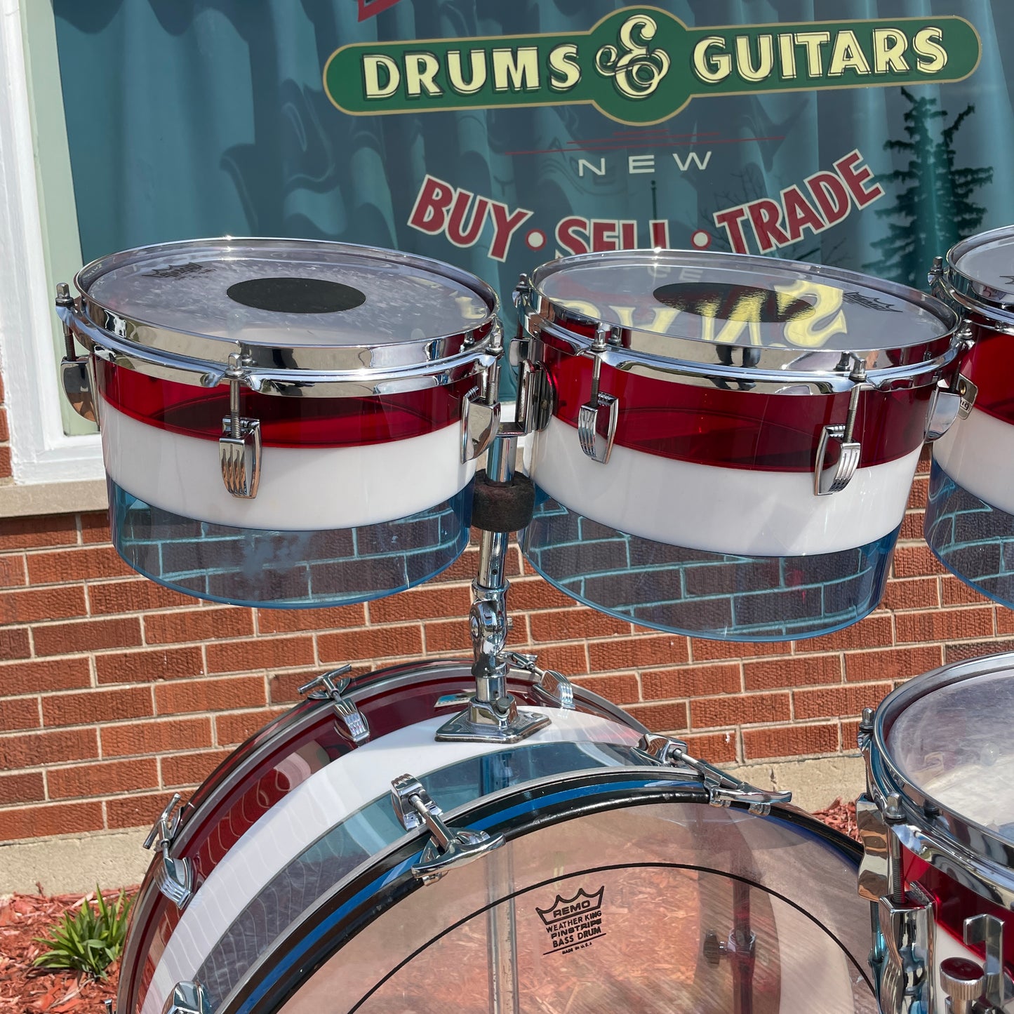 1970s Ludwig Bicentennial Vistalite Dual Bass Drum Set w/ Concert Toms Red/White/Blue