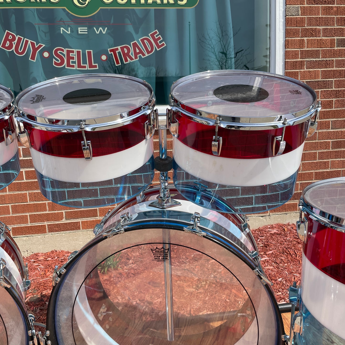 1970s Ludwig Bicentennial Vistalite Dual Bass Drum Set w/ Concert Toms Red/White/Blue