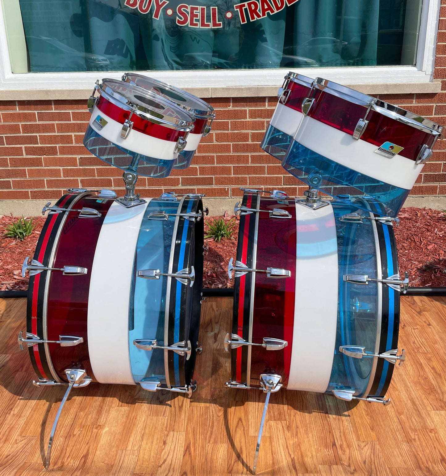 1970s Ludwig Bicentennial Vistalite Dual Bass Drum Set w/ Concert Toms Red/White/Blue