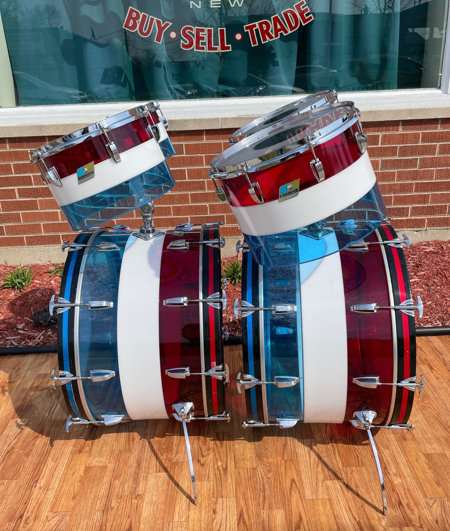 1970s Ludwig Bicentennial Vistalite Dual Bass Drum Set w/ Concert Toms Red/White/Blue