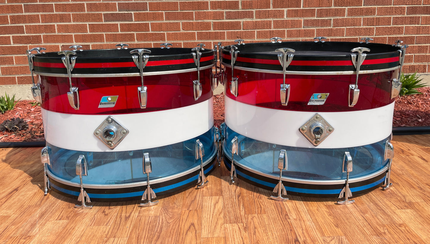 1970s Ludwig Bicentennial Vistalite Dual Bass Drum Set w/ Concert Toms Red/White/Blue