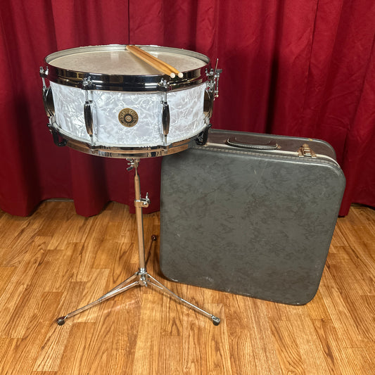 1960s Gretsch 4103 Renown 5.5x14 Snare Drum Kit w/ Stand & Case 4082 White Marine Pearl