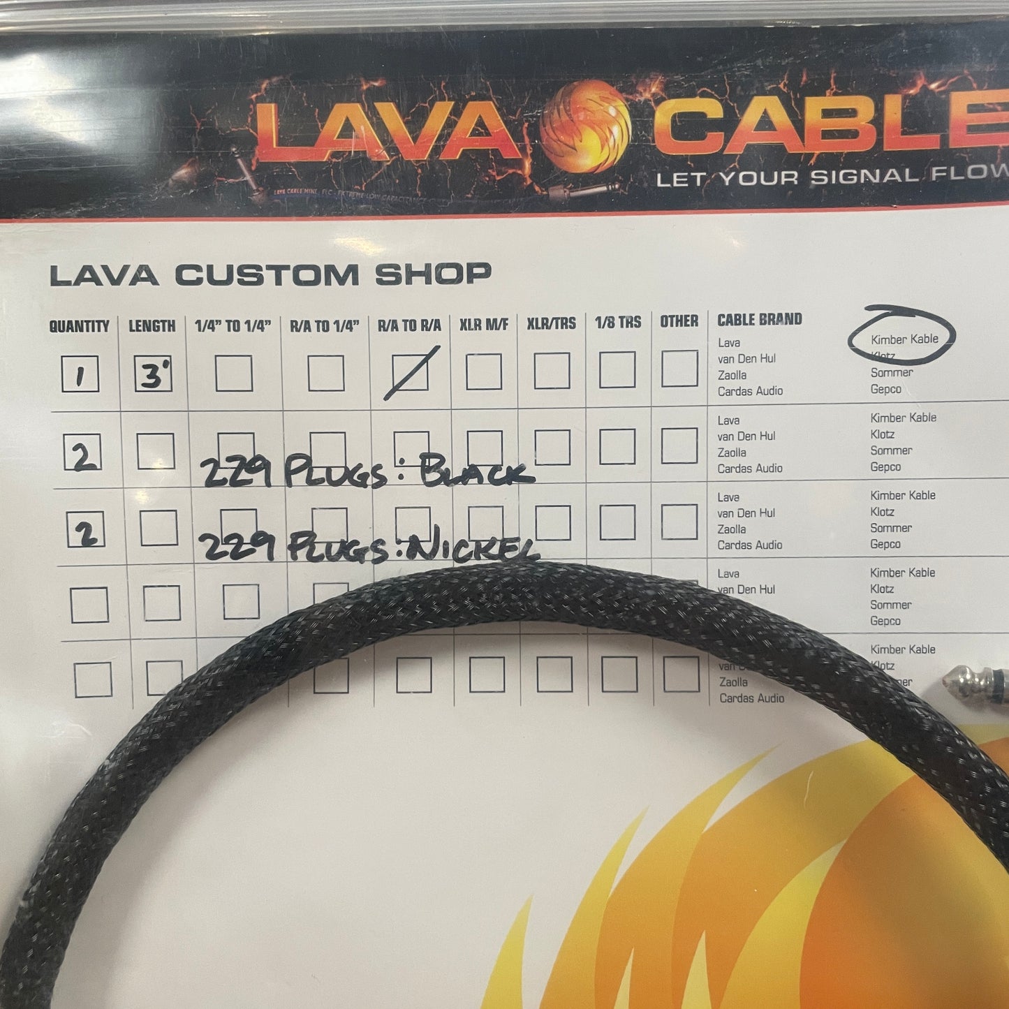 Lava Custom Shop 4VS Kimber Kable 3 Foot Speaker Cable NOS w/ Extra 229 Plugs Right Angle to Right Angle