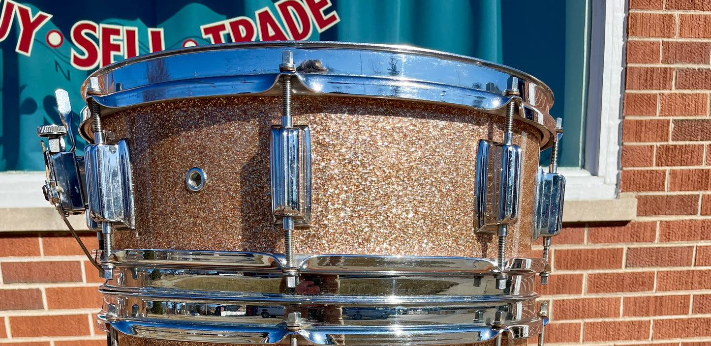 1960s Rogers Tower 5x14 No. 19 Snare Drum Pink Champagne Pearl Sparkle Cleveland