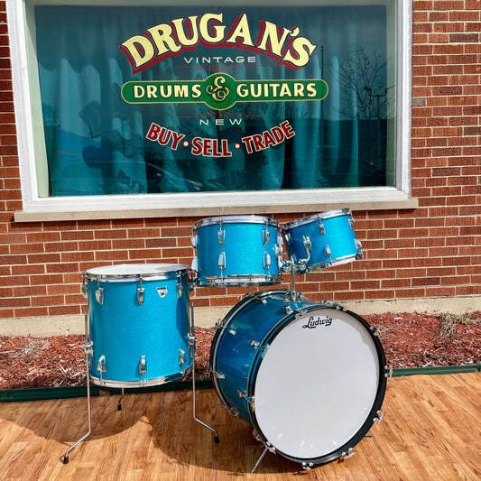 1970s Ludwig Standard S-330 Hollywood Drum Set Blue Mist Sparkle 22/12/13/16 Factory Classic Lugs