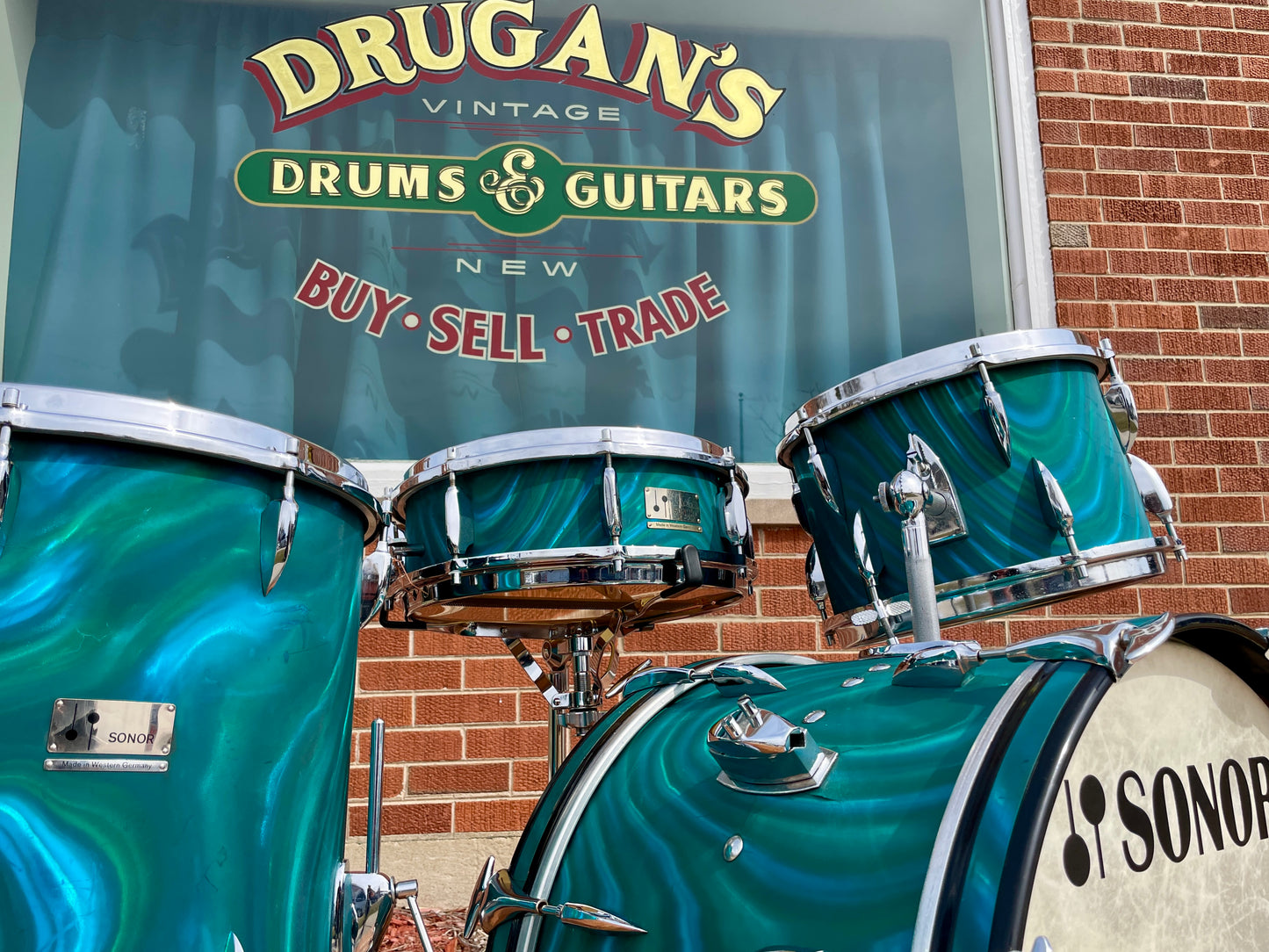 1960s Sonor Teardrop Drum Set Multi-Brilliant Turquoise Satin Flame Blue/Green 20/12/16/5x14