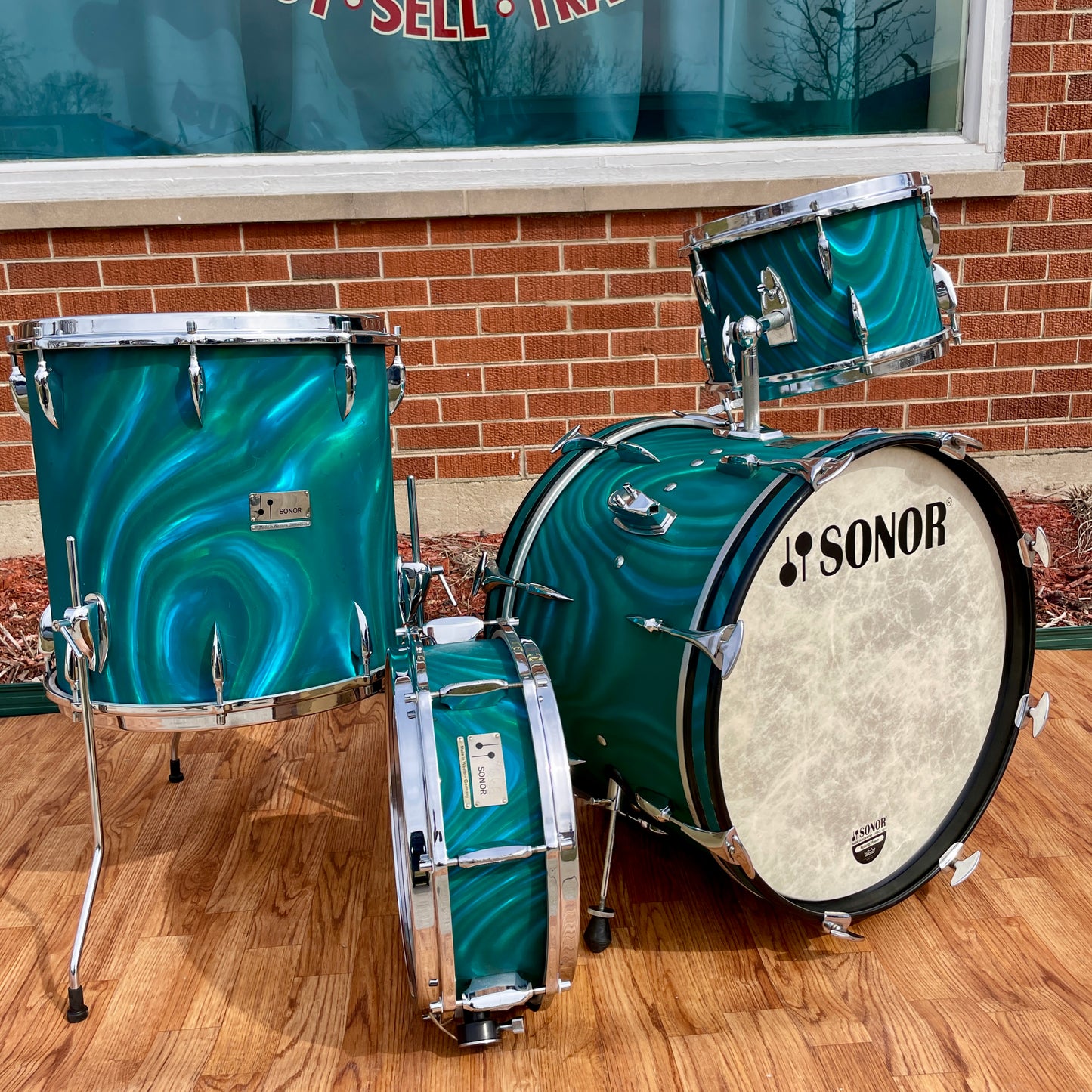 1960s Sonor Teardrop Drum Set Multi-Brilliant Turquoise Satin Flame Blue/Green 20/12/16/5x14