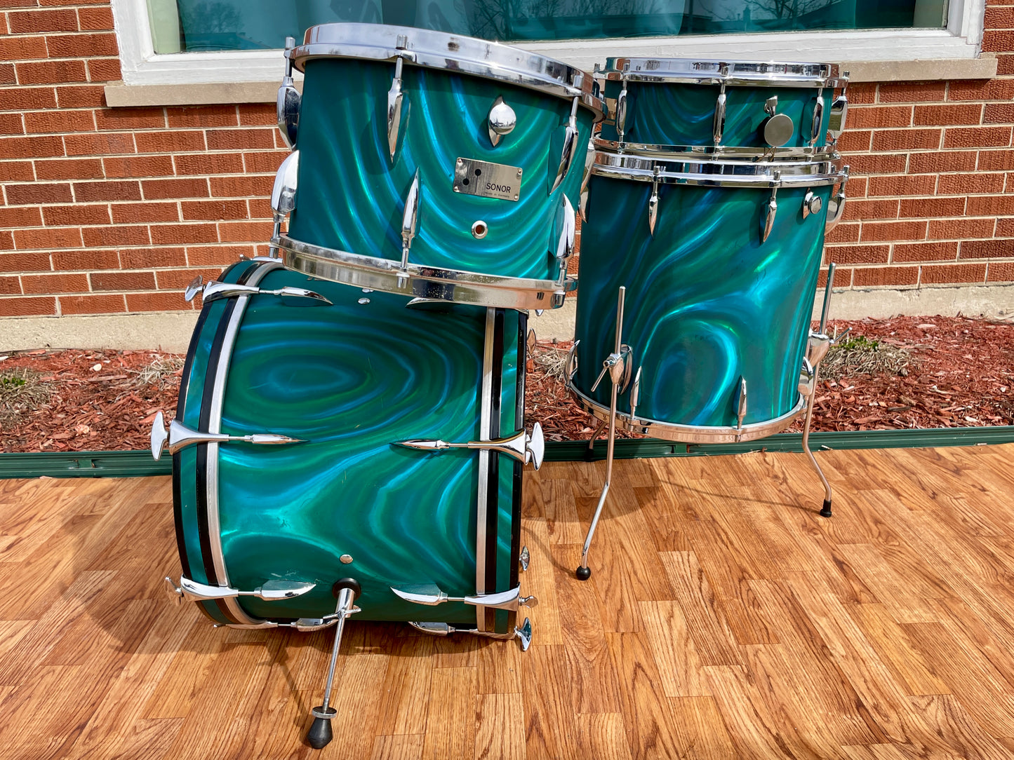 1960s Sonor Teardrop Drum Set Multi-Brilliant Turquoise Satin Flame Blue/Green 20/12/16/5x14