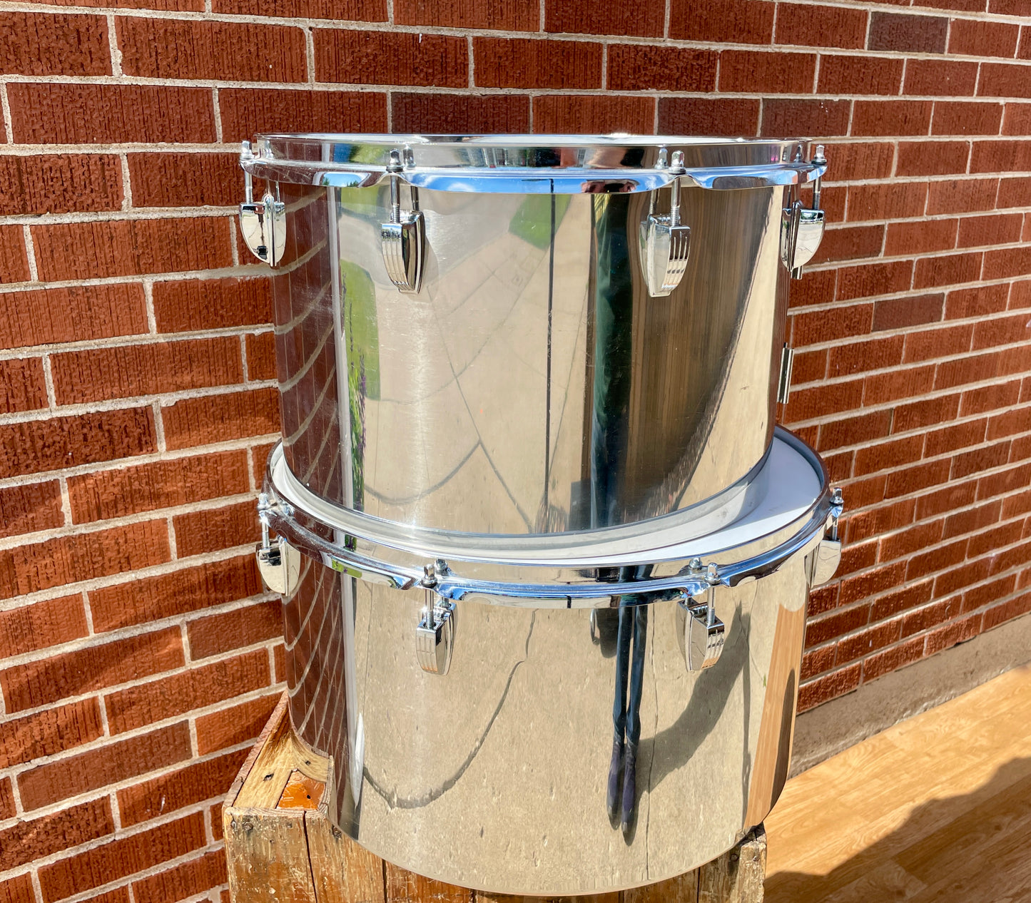 1970s Ludwig Stainless Steel 16 & 18 Timp-Tom Marching Concert Tom Drum Pair