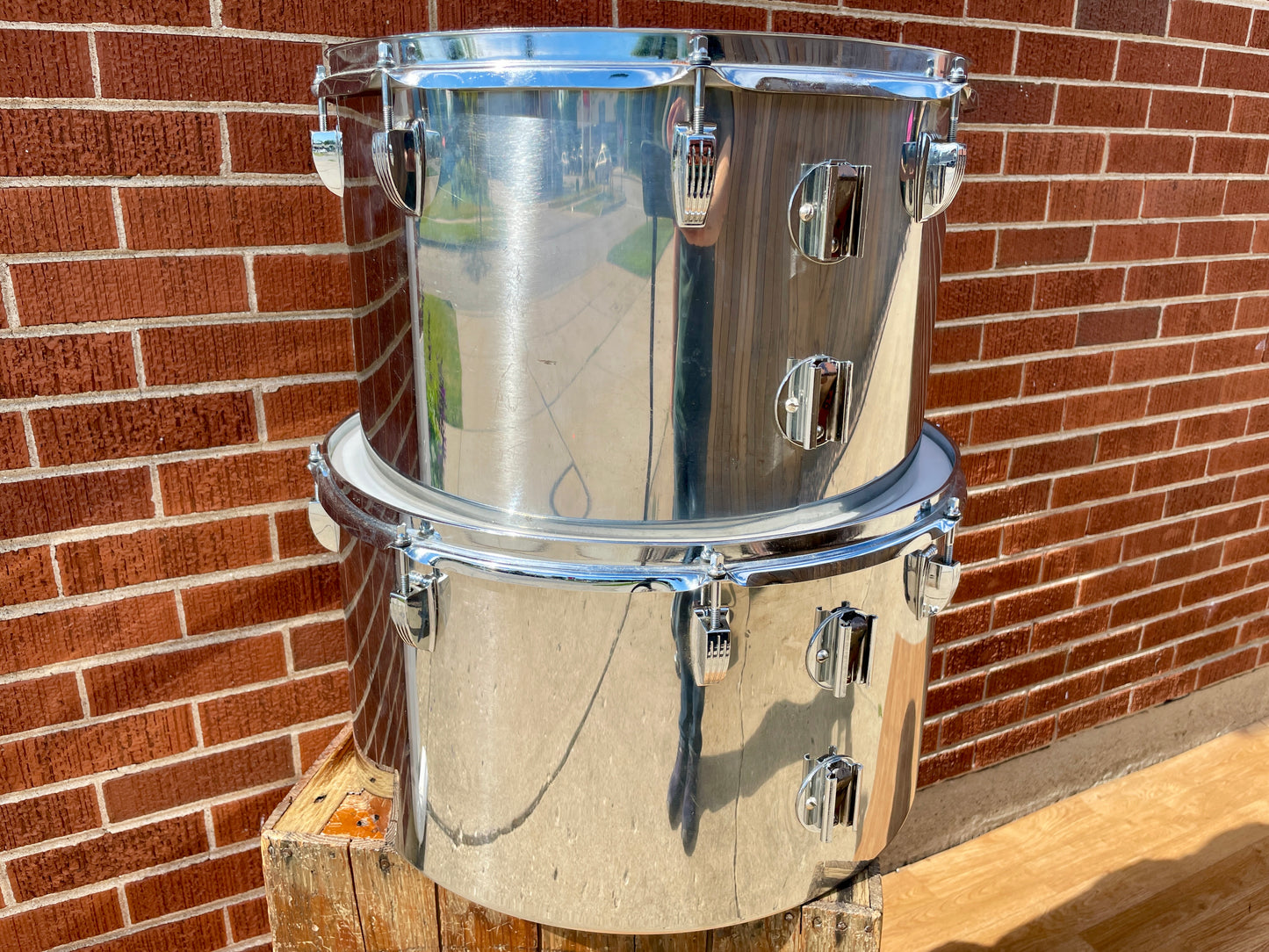 1970s Ludwig Stainless Steel 16 & 18 Timp-Tom Marching Concert Tom Drum Pair