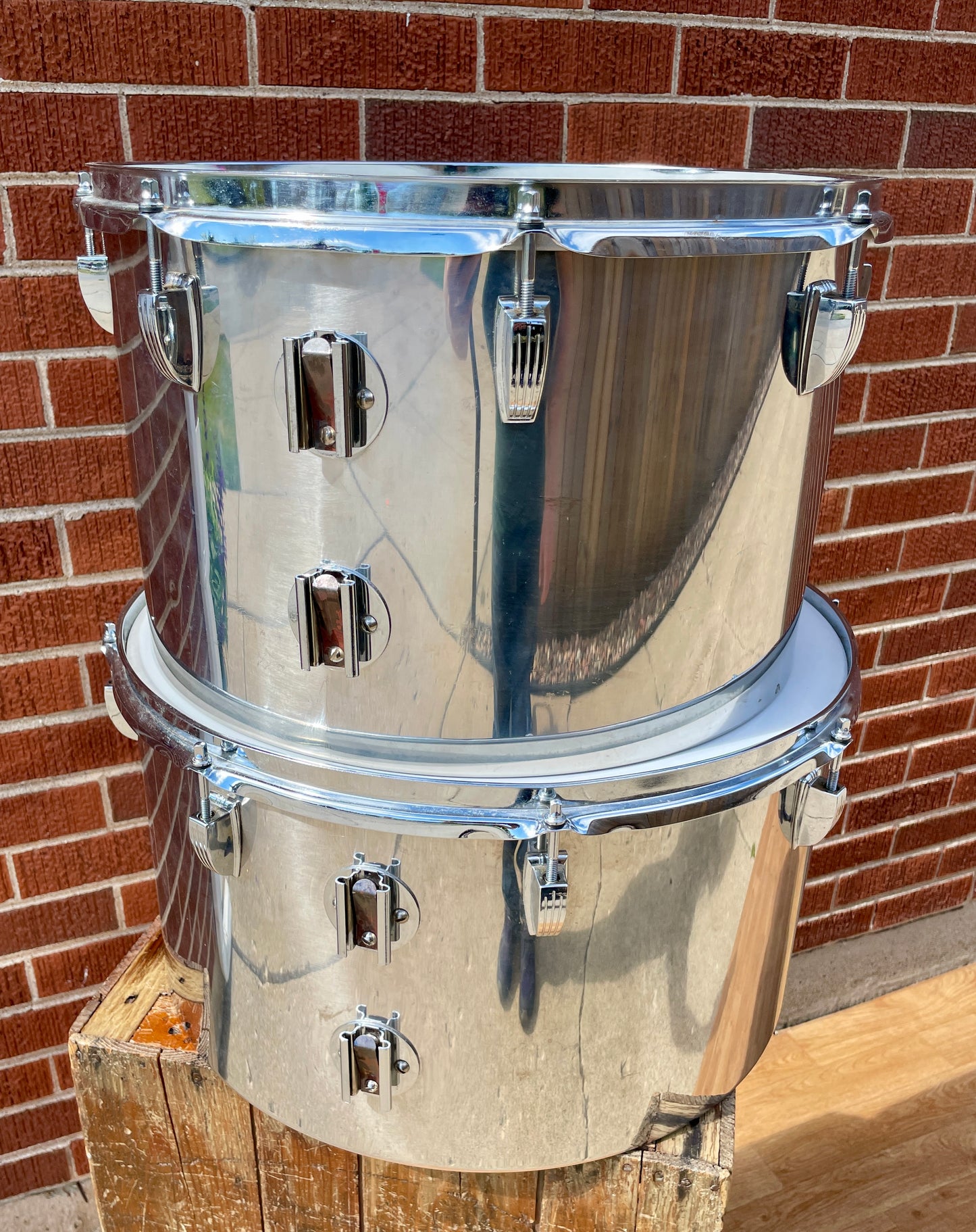 1970s Ludwig Stainless Steel 16 & 18 Timp-Tom Marching Concert Tom Drum Pair