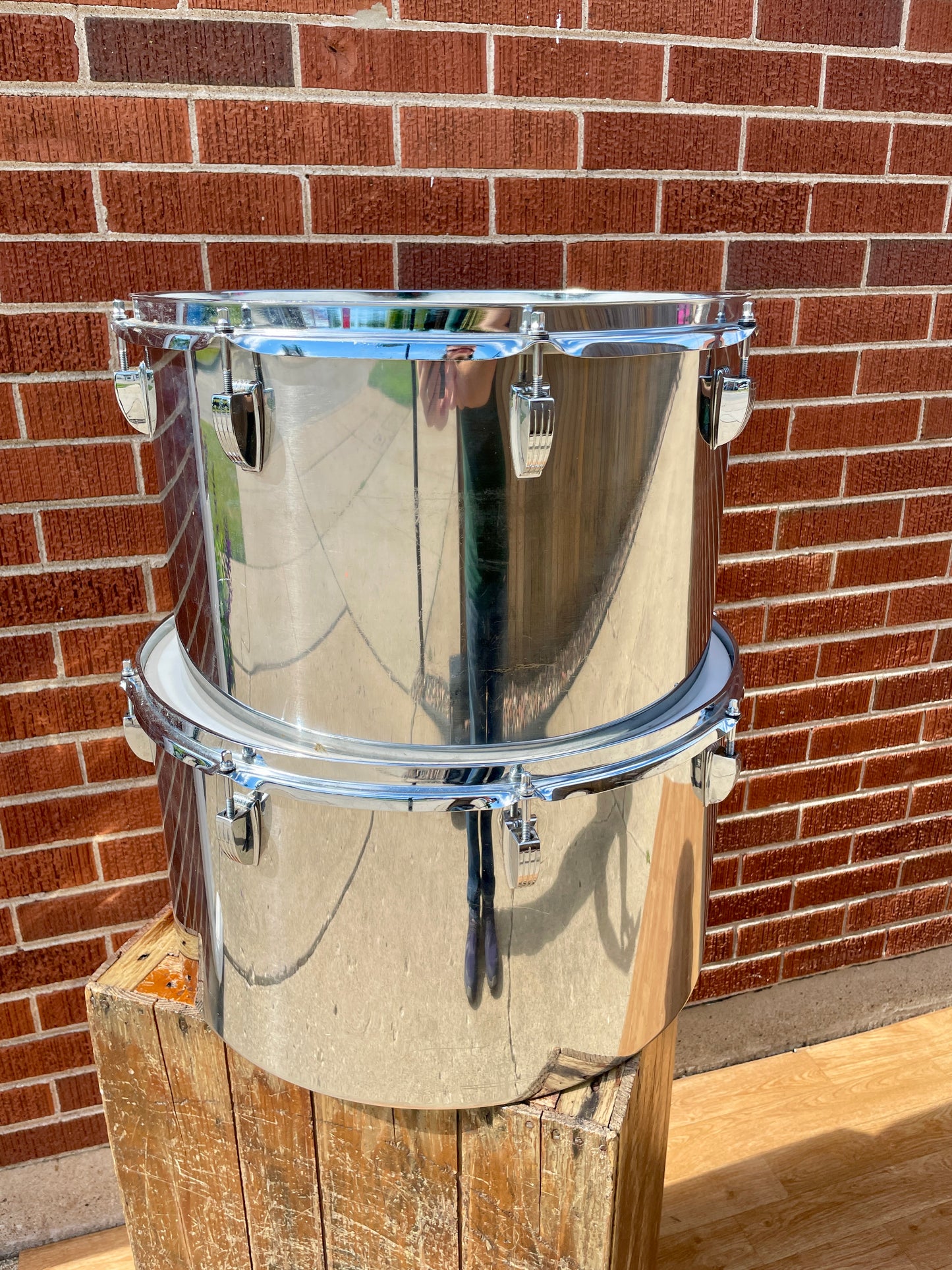 1970s Ludwig Stainless Steel 16 & 18 Timp-Tom Marching Concert Tom Drum Pair