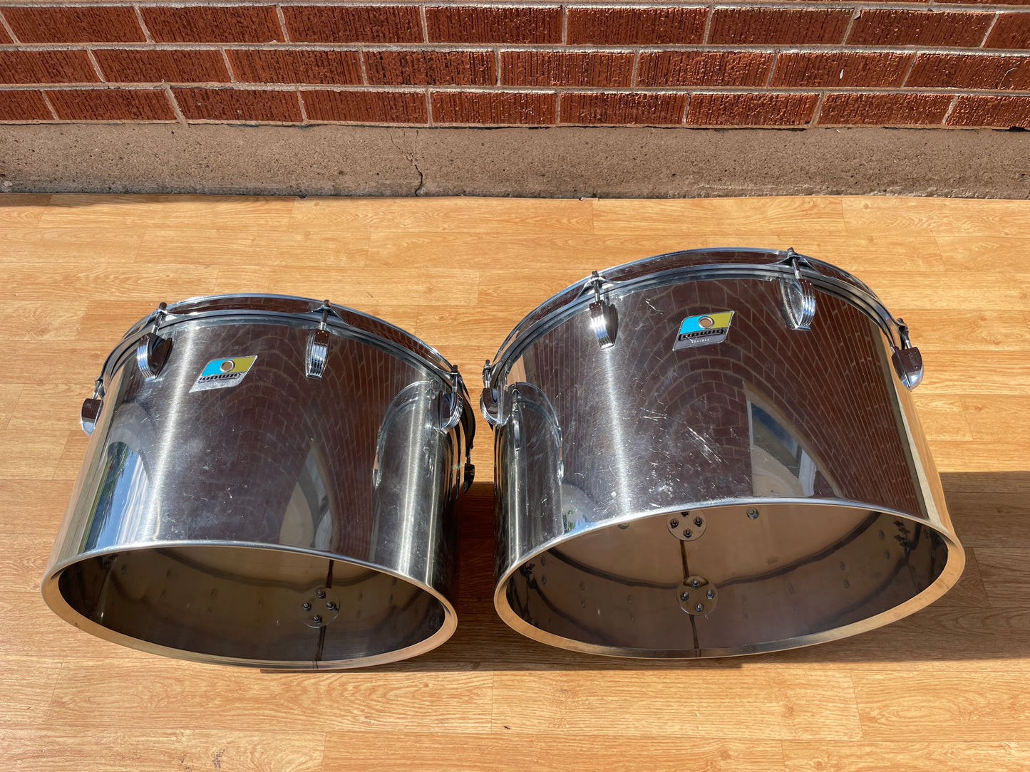 1970s Ludwig Stainless Steel 16 & 18 Timp-Tom Marching Concert Tom Drum Pair