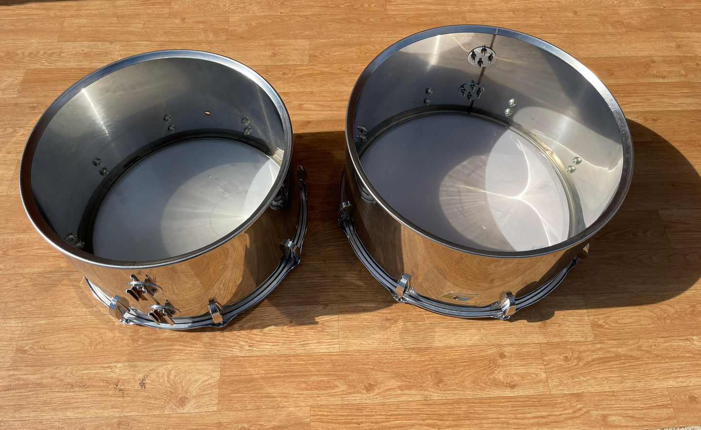 1970s Ludwig Stainless Steel 16 & 18 Timp-Tom Marching Concert Tom Drum Pair