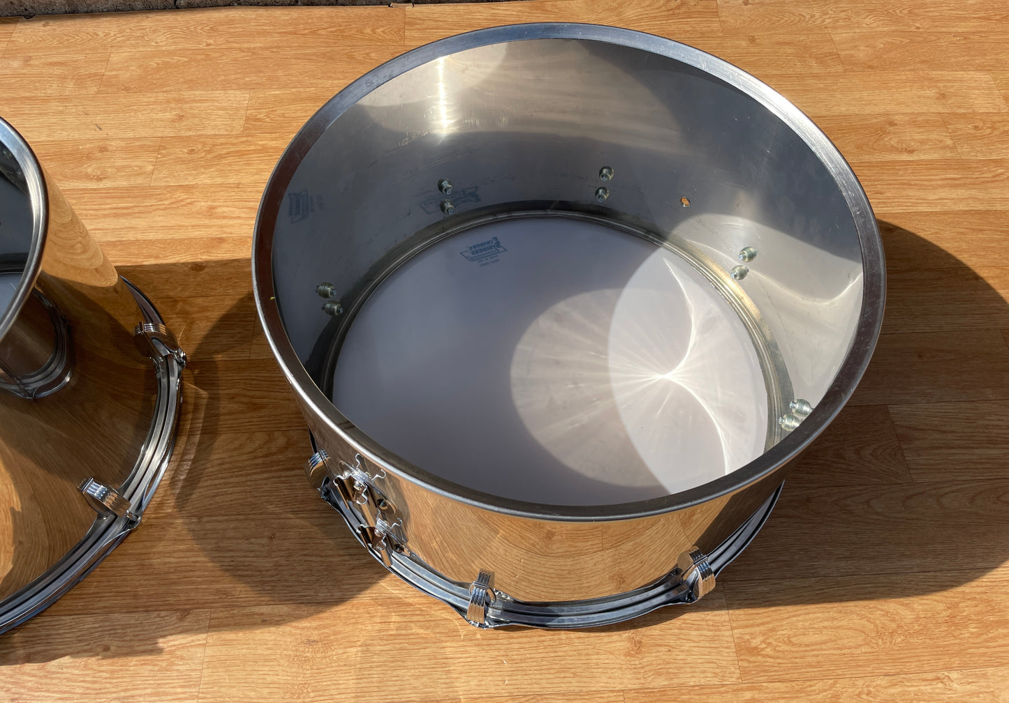 1970s Ludwig Stainless Steel 16 & 18 Timp-Tom Marching Concert Tom Drum Pair