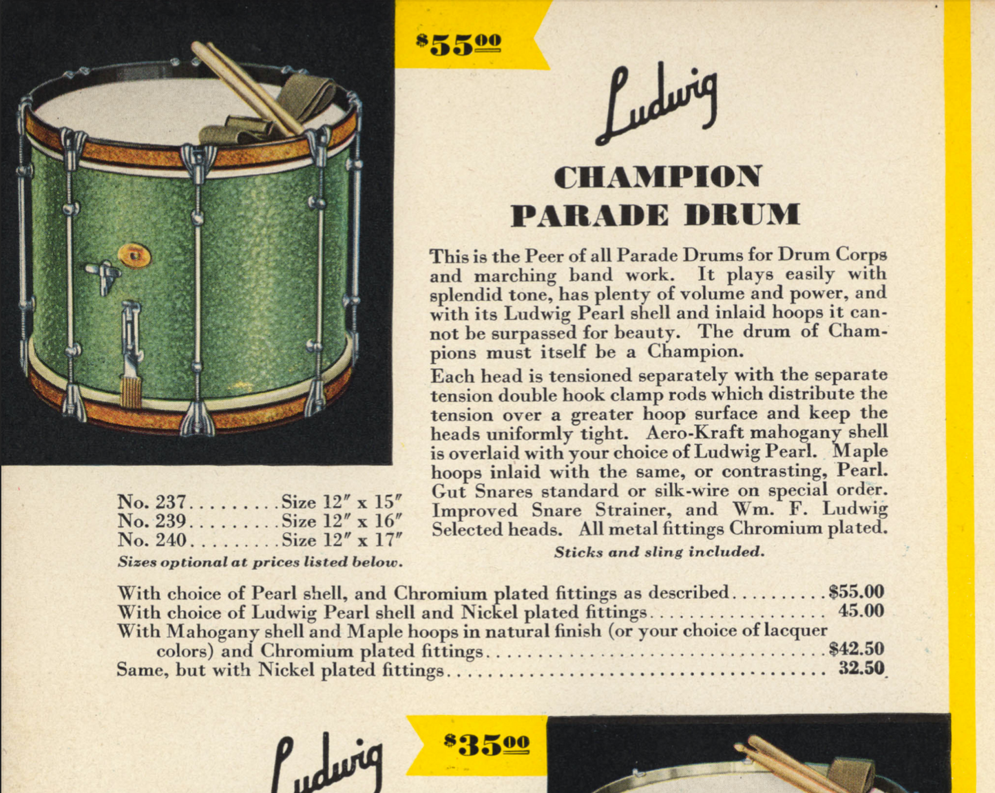 1930s Ludwig 12x16 Salesman Sample Champion Parade No. 239 Snare Drum Rare