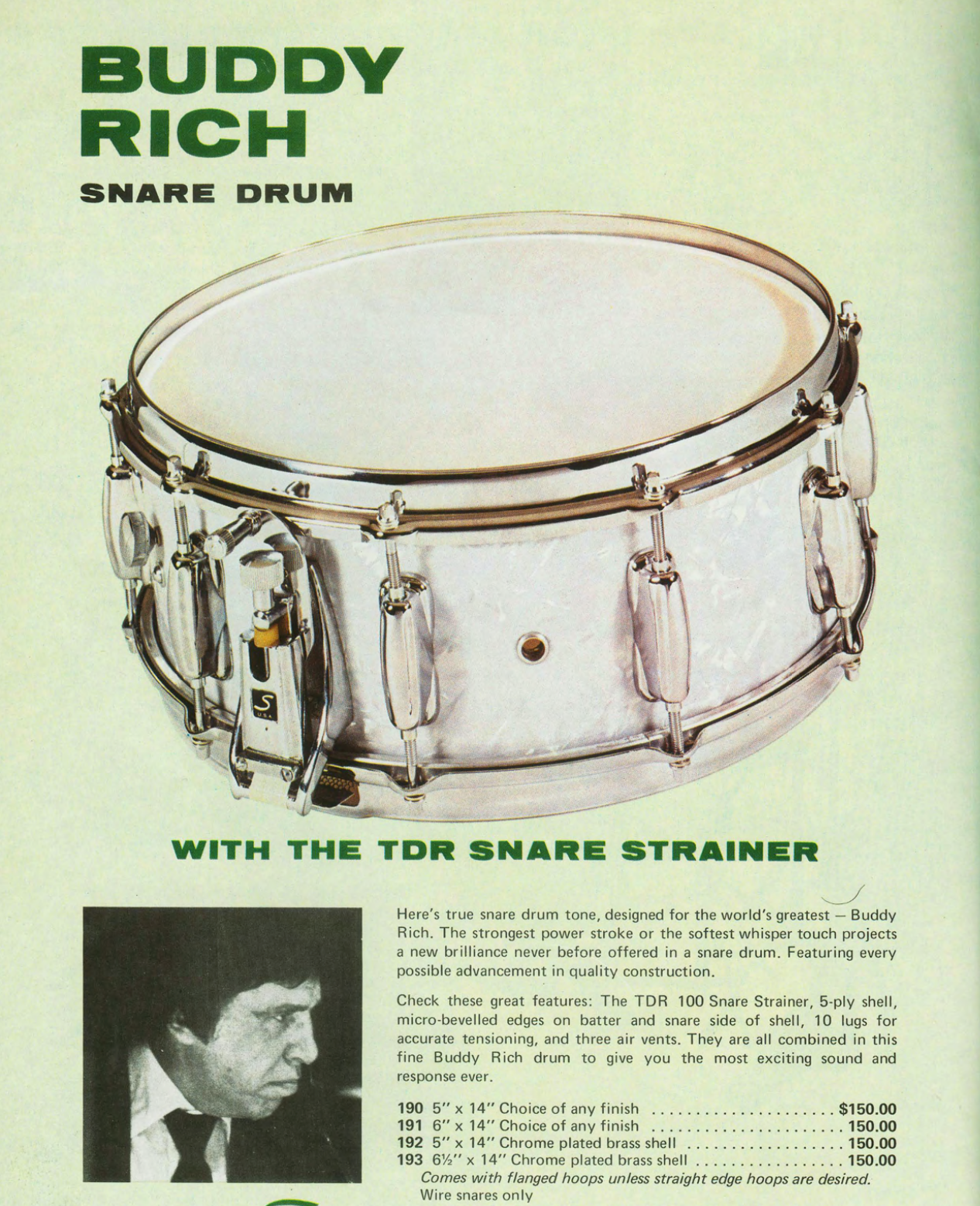 1970s Slingerland 5x14 Buddy Rich Chrome Over Brass No. 192 Snare Drum COB