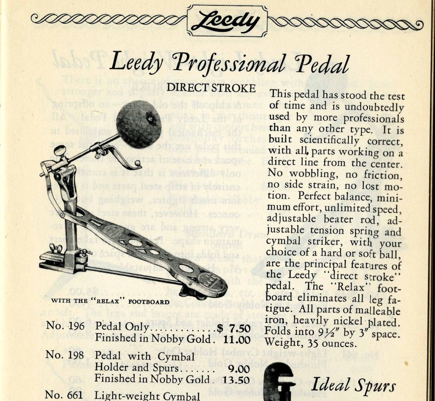 1920s Leedy Professional No. 196 Bass Drum Pedal Nickel