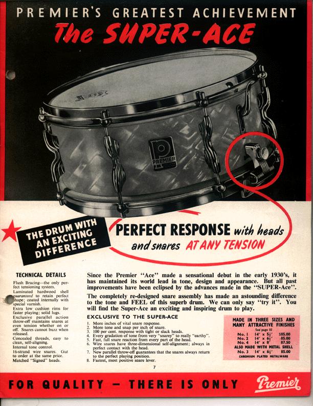 1950s Premier 5.5x14 Super Ace Snare Drum White Marine Pearl 