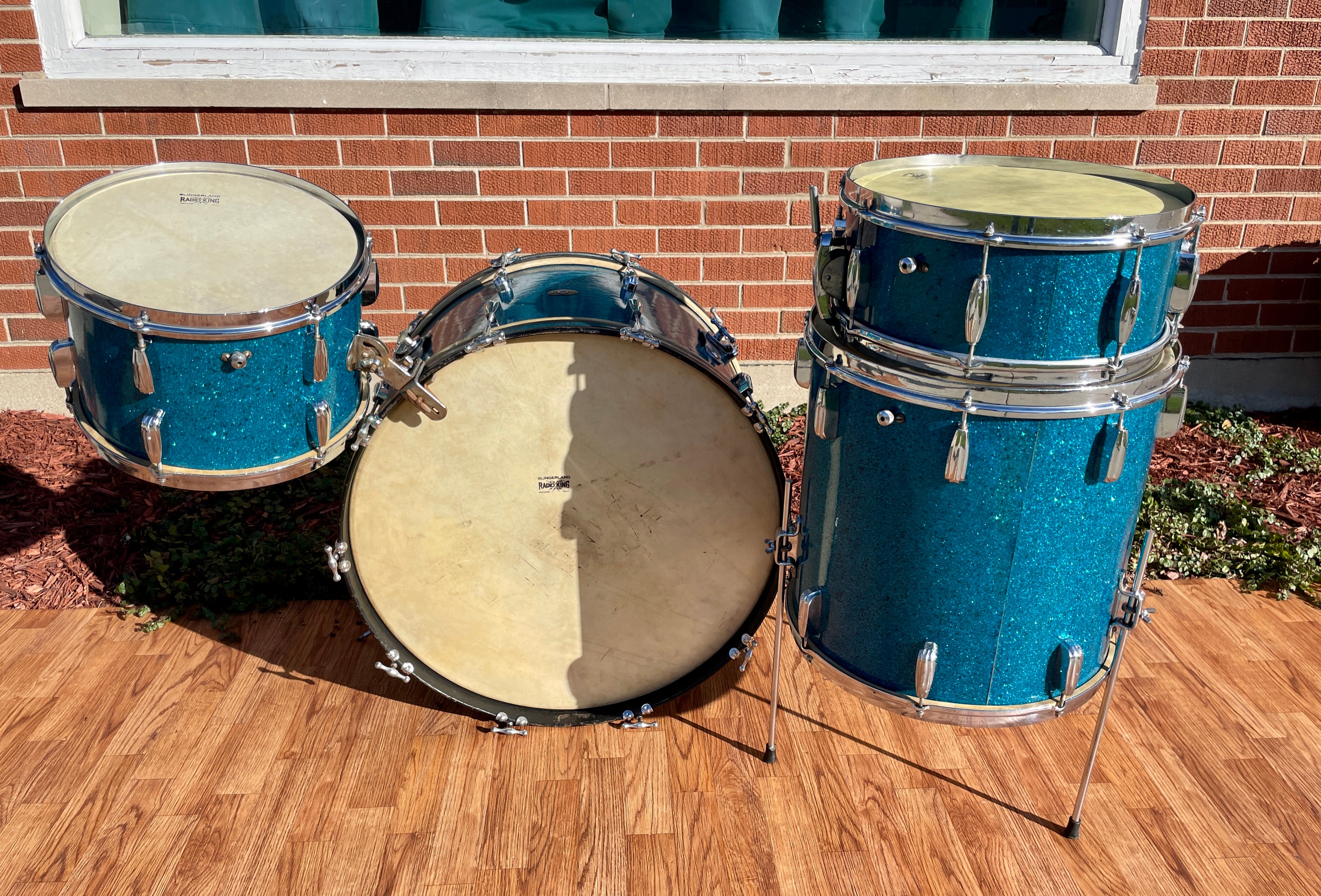 1950s Slingerland Radio King Drum Set Aqua Blue Sparkle Glass 