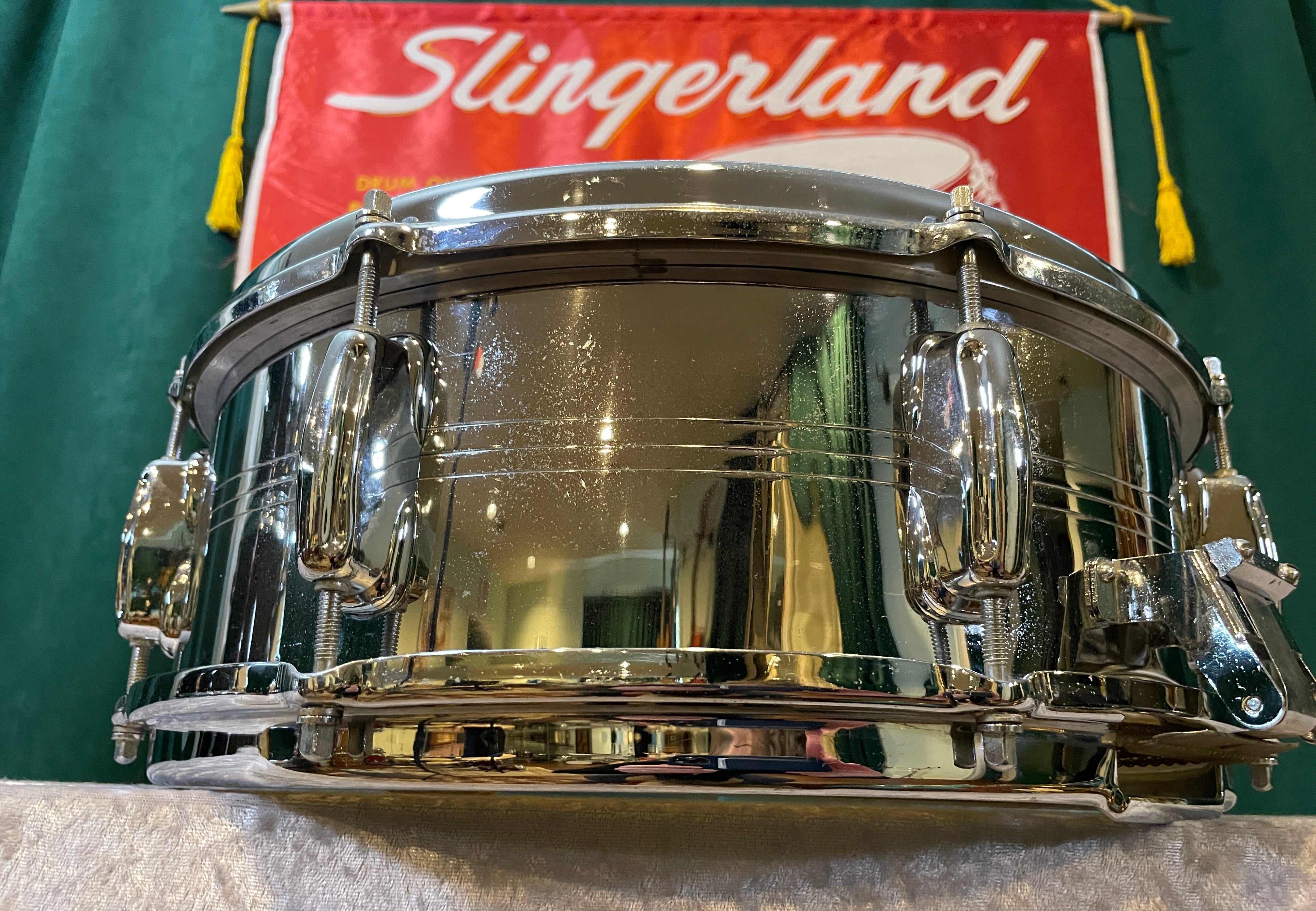 1960s Slingerland No. 130 Gene Krupa 5X14 Sound King Chrome Over Brass –  Drugan's Drums & Guitars