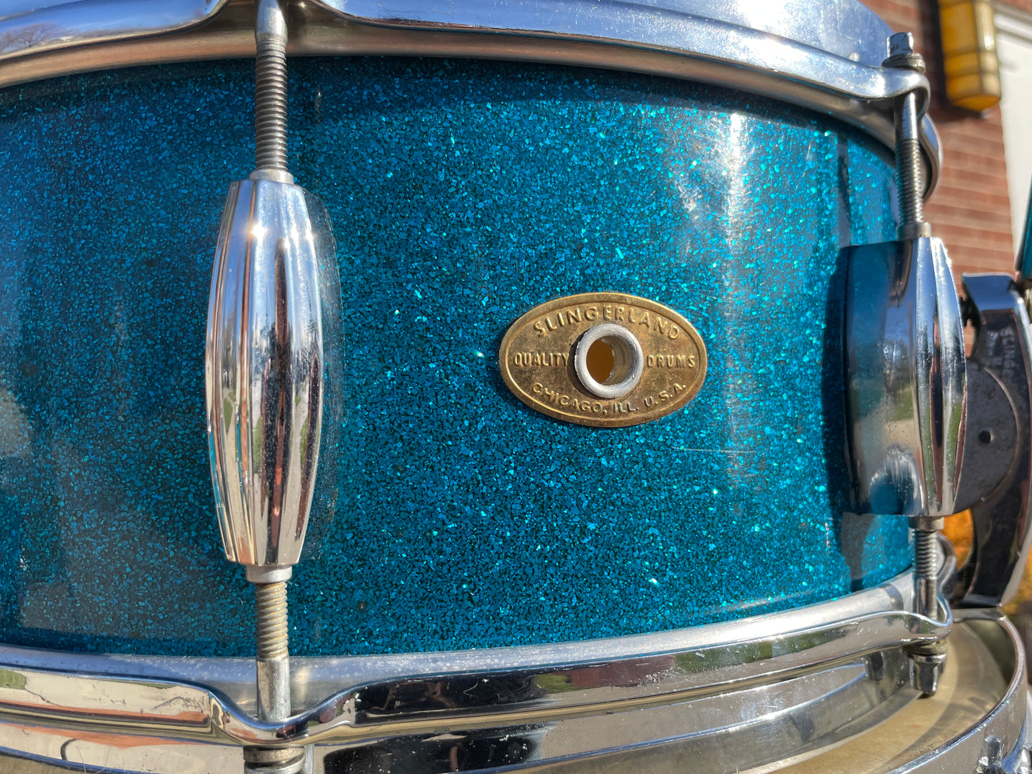 1950s Slingerland Radio King Drum Set Aqua Blue Sparkle Glass Glitter 24/13/16/5.5x14 Dog Tag Badges *Video Demo*