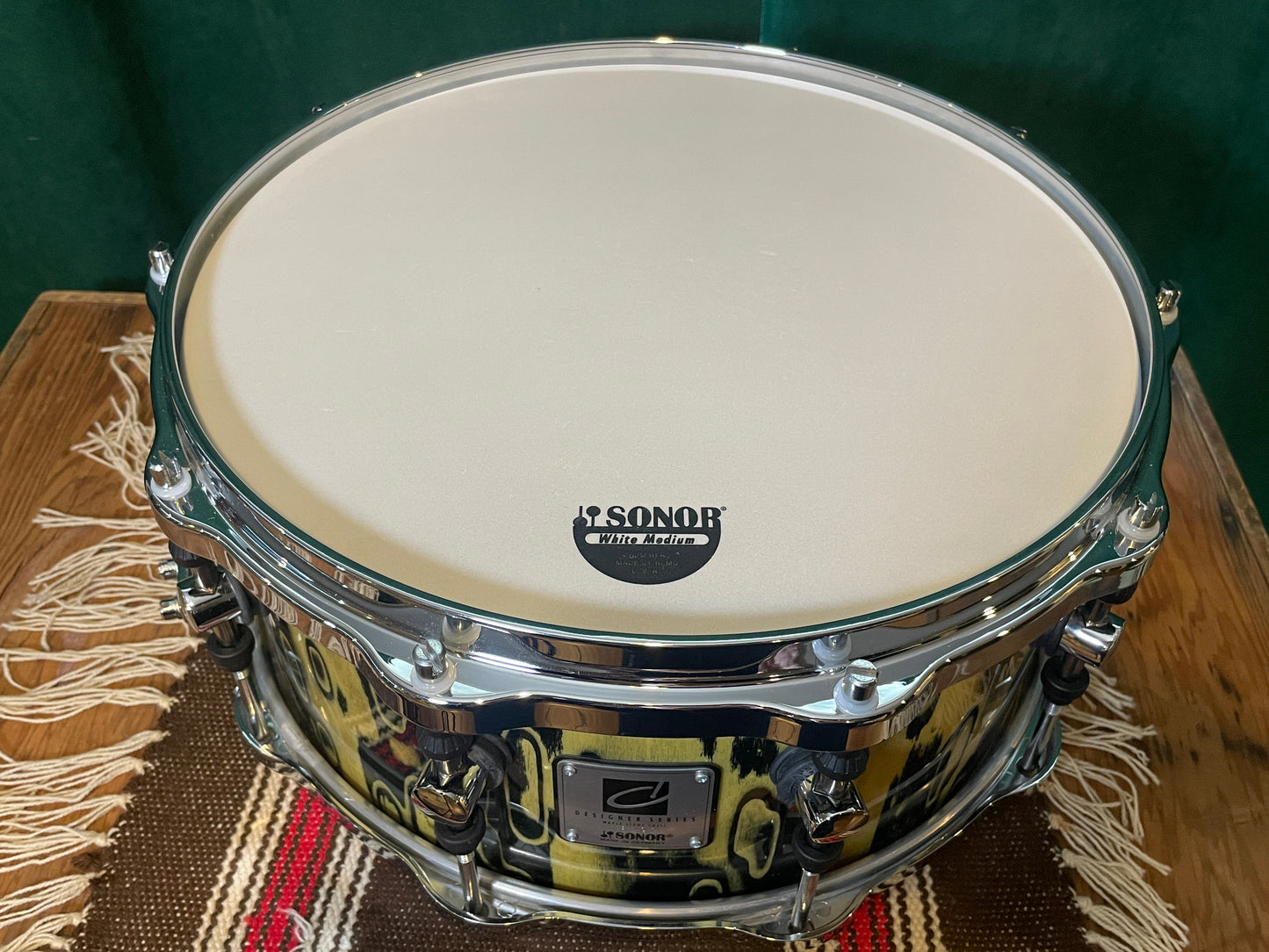 Sonor Designer Series 6.5x14 Snare Drum Yellow & Black Tribal Finish Hella Hoops 9-Ply Shell